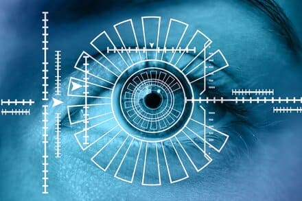 A picture containing eye glance, metalware, chain of mapping points around the retina, and vision science statistics over the eye.