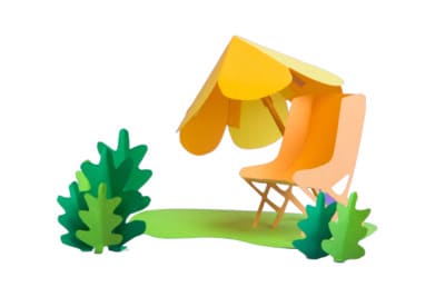 A picture containing creative clipart and vector graphics of garden umbrella, chair, and plants for advertisement purpose.